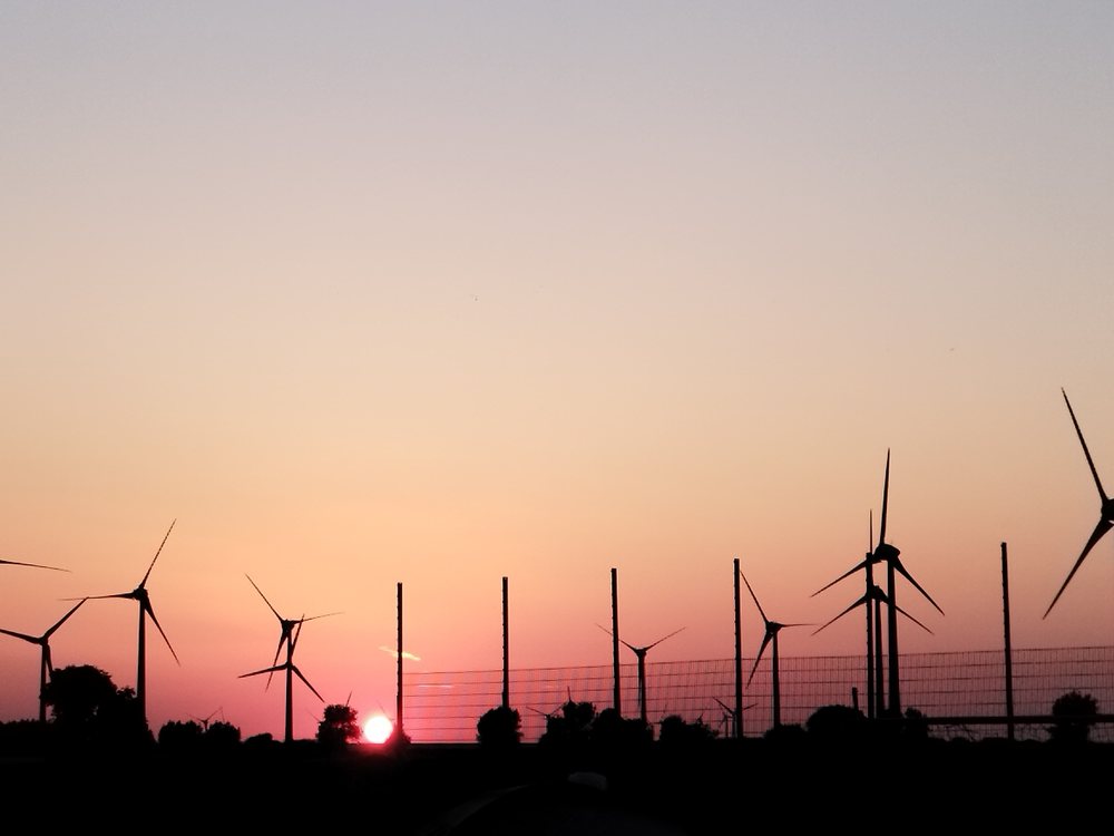 Sonnenuntergang hinter Windrädern auf Fehmarn